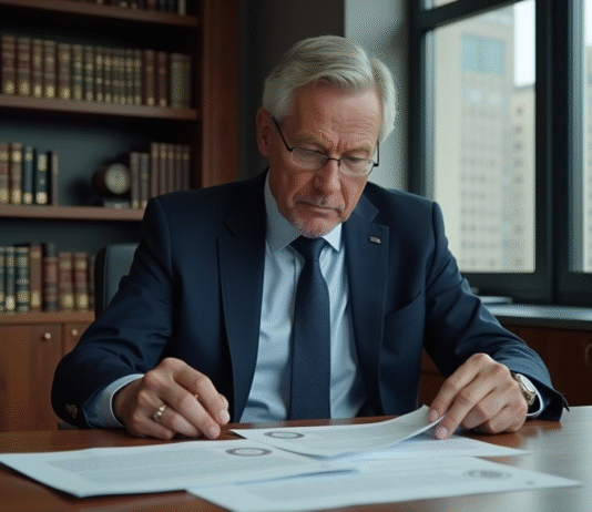 Homme d'affaires en costume bleu examinant des documents officiels