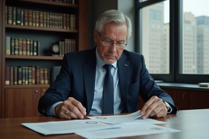 Homme d'affaires en costume bleu examinant des documents officiels