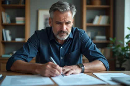 Homme de 45 ans examinant des documents administratifs liés au rachat de rente accident du travail à son bureau