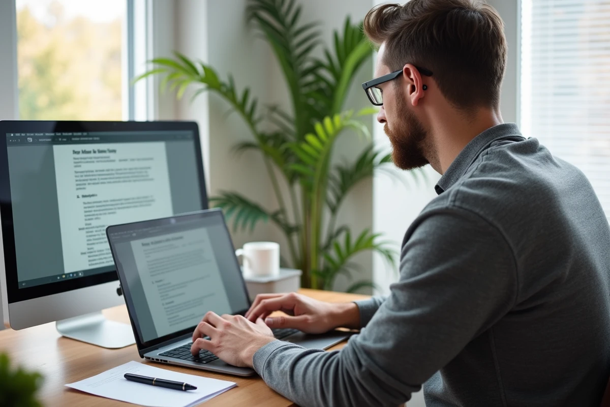 Homme à son bureau à domicile lisant un email d'assurance sur ordinateur portable avec un courrier imprimé pour contacter ACM IARD