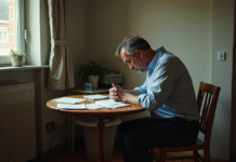 Homme d'âge moyen assis seul avec factures impayées