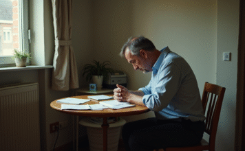 Homme d'âge moyen assis seul avec factures impayées