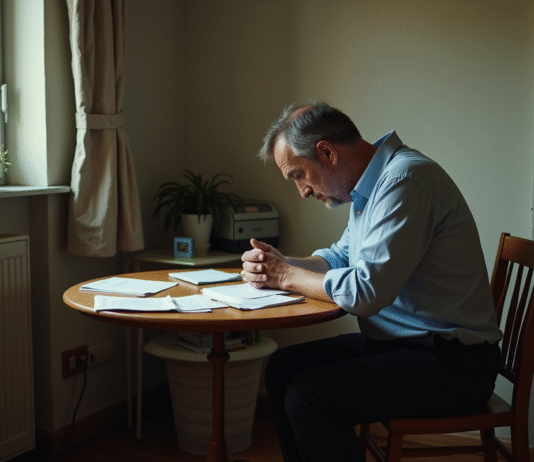Homme d'âge moyen assis seul avec factures impayées