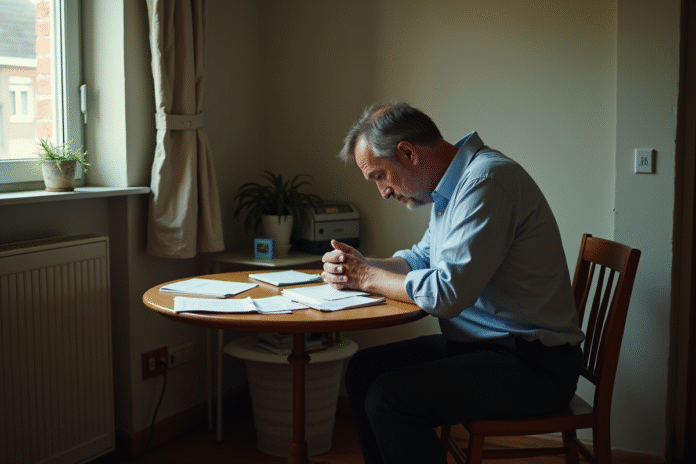 homme-epanoui-besoin-d-aide Homme d'âge moyen assis seul avec factures impayées