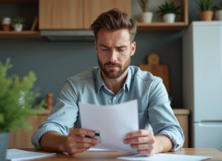 Homme d age late 30s examine documents financiers