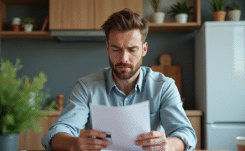 Compte bancaire avec mauvais crédit : quel choisir ? Homme d age late 30s examine documents financiers