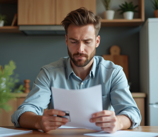 Homme d age late 30s examine documents financiers