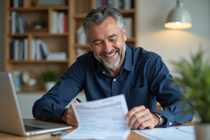 Homme souriant vérifiant un relevé bancaire à son bureau