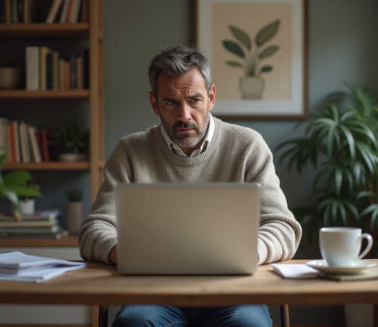 Bitcoins perdus : que se passe-t-il avec ces cryptomonnaies ? Homme d'âge moyen dans un bureau à domicile en pleine réflexion