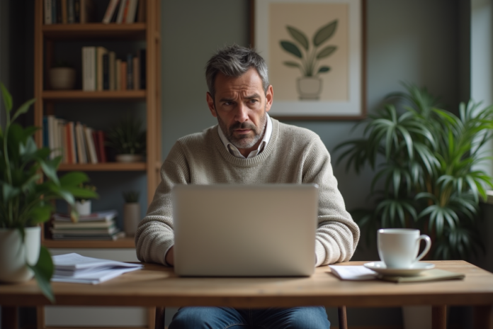 homme-home-office-concentration Homme d'âge moyen dans un bureau à domicile en pleine réflexion