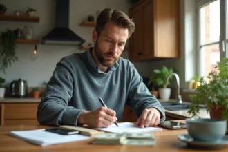 Homme calculant ses investissements dans une cuisine lumineuse