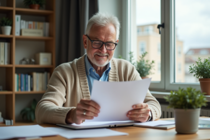 Homme d'âge moyen lisant des documents de pension dans un bureau moderne