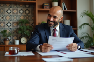 Homme marocain en costume navy lit un contrat d'assurance vie