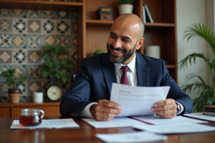 Homme marocain en costume navy lit un contrat d'assurance vie