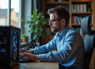 Meilleure machine pour miner du Bitcoin : quel choisir ? Homme concentré inspectant un rig de minage Bitcoin dans un bureau moderne
