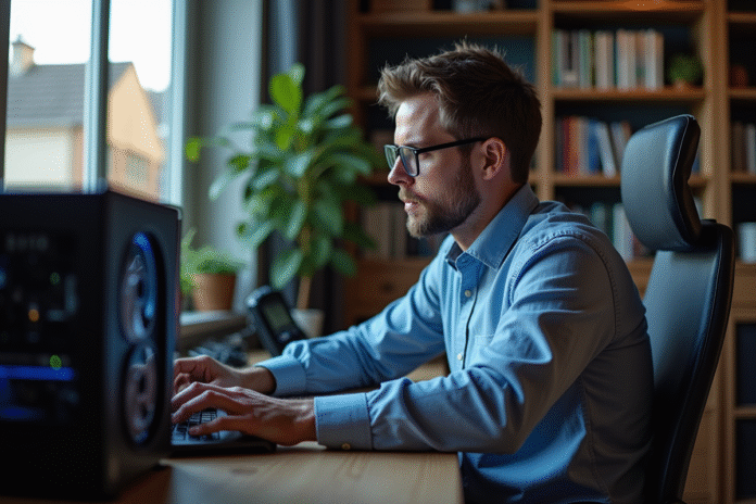 homme-minage-bitcoin-bureau Homme concentré inspectant un rig de minage Bitcoin dans un bureau moderne