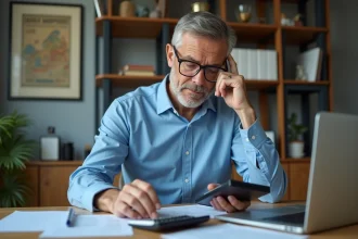 Homme d'âge moyen en bureau moderne analysant des chiffres