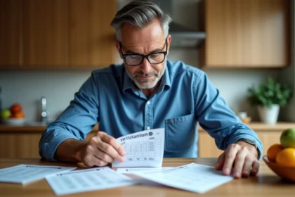 Homme arrangeant tickets Euromillions sur une table de cuisine