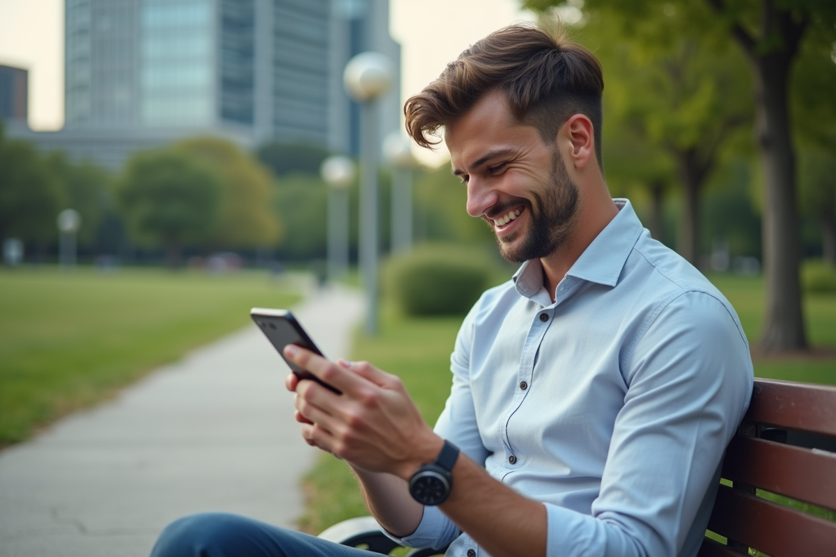 Jeune homme assis dans un parc urbain regardant son smartphone avec satisfaction