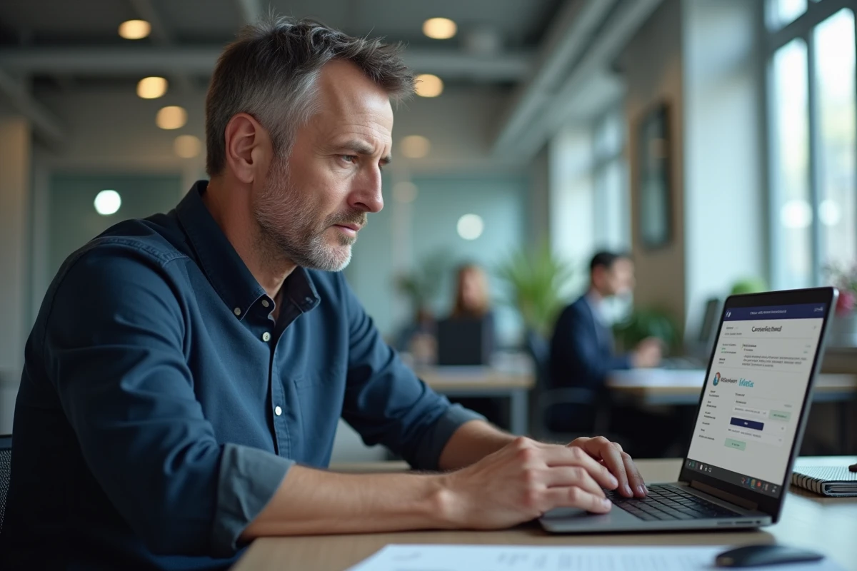 Homme recherchant le numéro non surtaxé de Cofidis sur un site web depuis son bureau professionnel