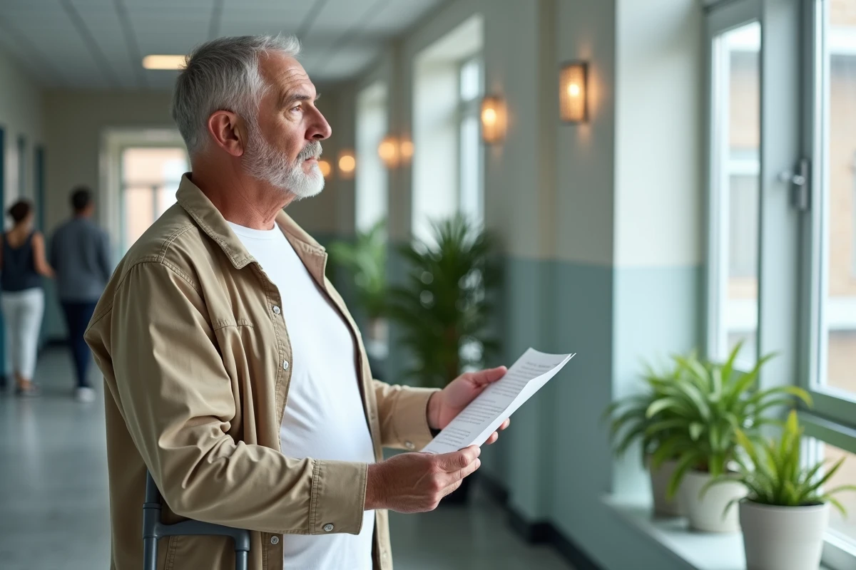Homme en rééducation tenant un courrier officiel concernant le rachat de sa rente d'accident du travail