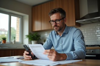 Homme en cuisine examine ses relevés bancaires avec son smartphone