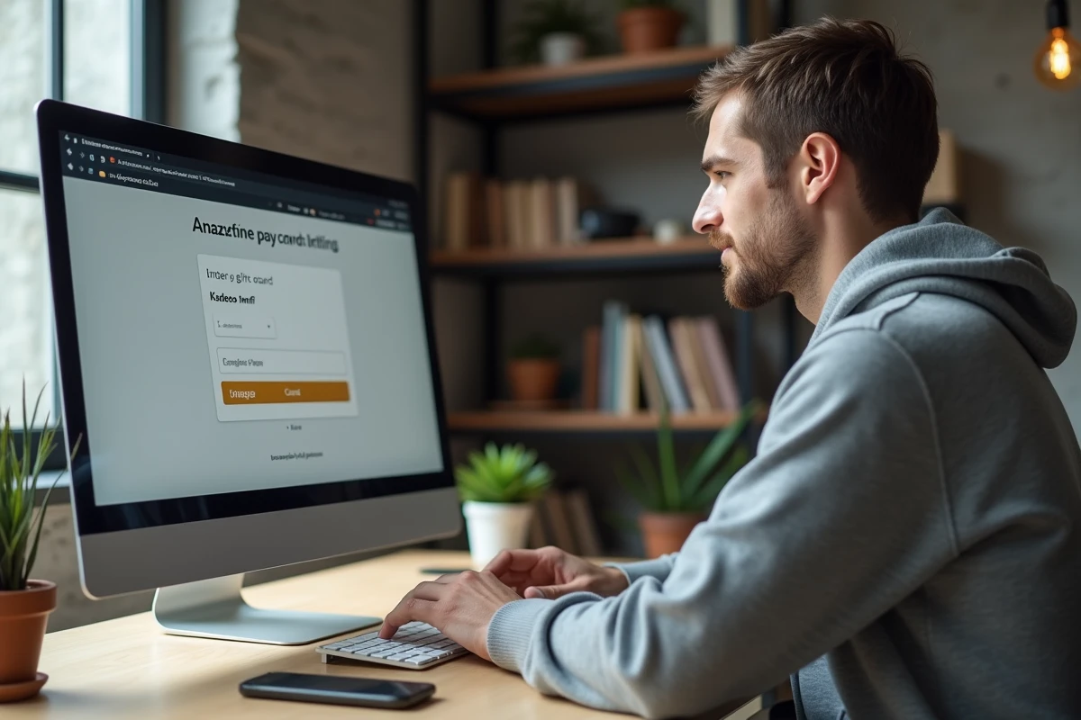 Homme saisissant le code de sa carte Kadeos Infini sur la page de paiement Amazon depuis un bureau à domicile