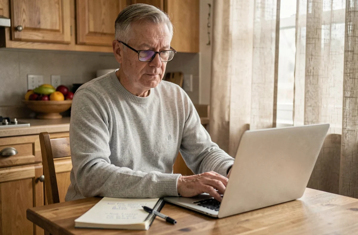 Homme senior consultant des avis en ligne sur les SCPI Corum depuis son domicile