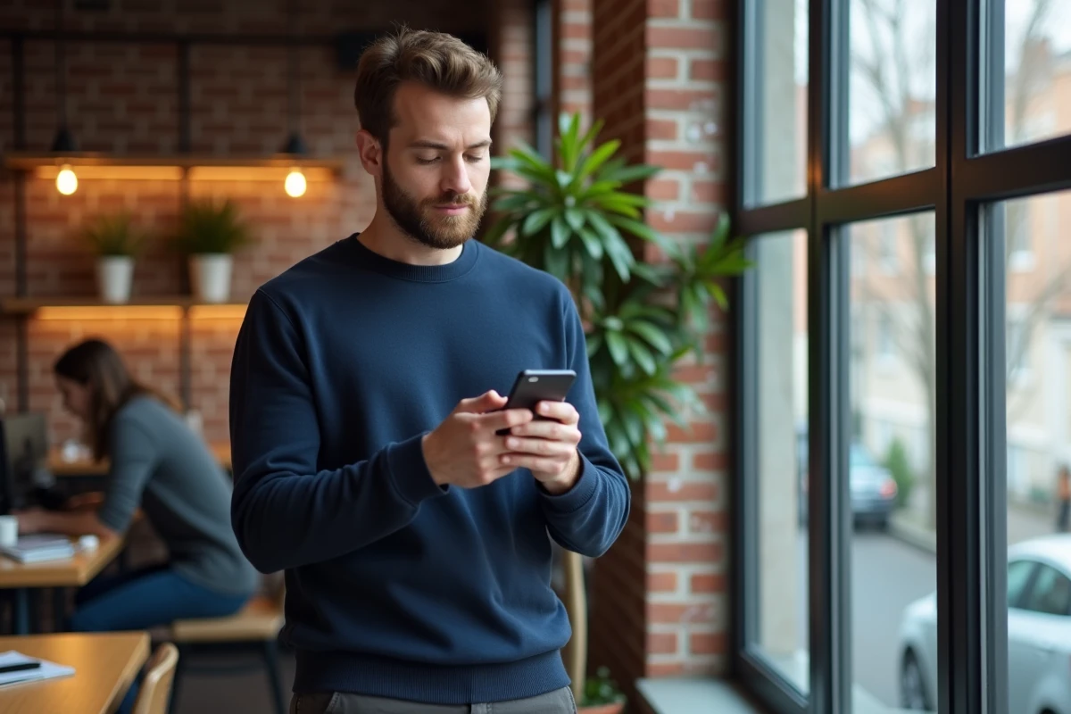 Jeune professionnel consultant un simulateur de salaire net sur smartphone, contexte calcul brut net mutuelle entreprise
