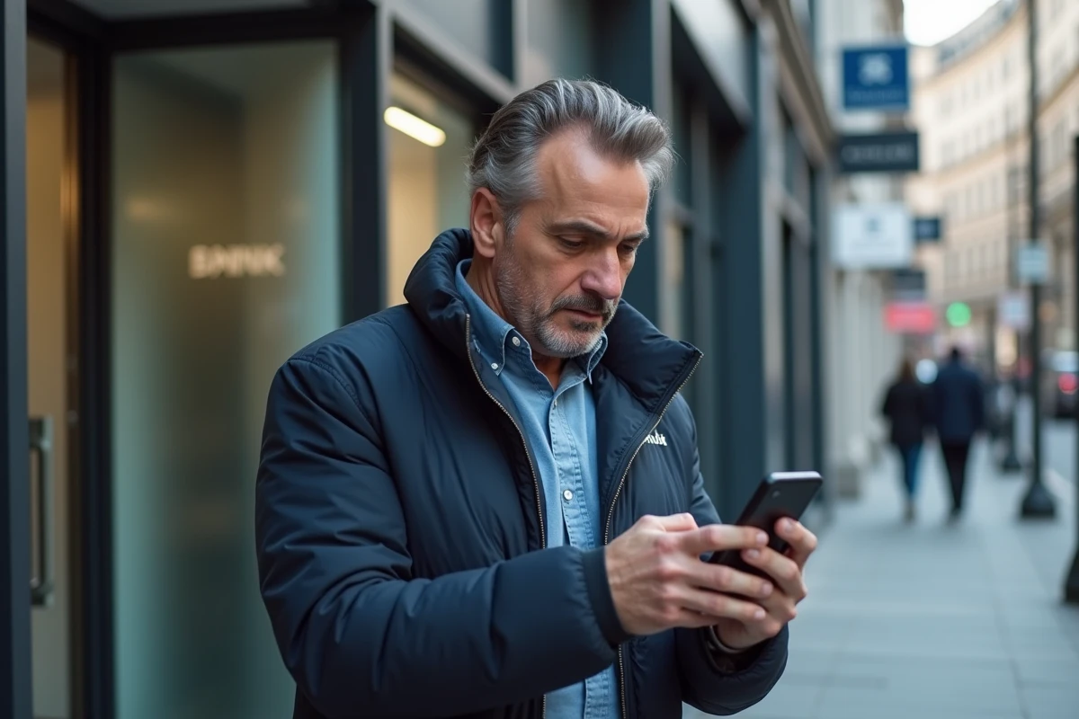 Homme dehors devant une banque utilisant son smartphone