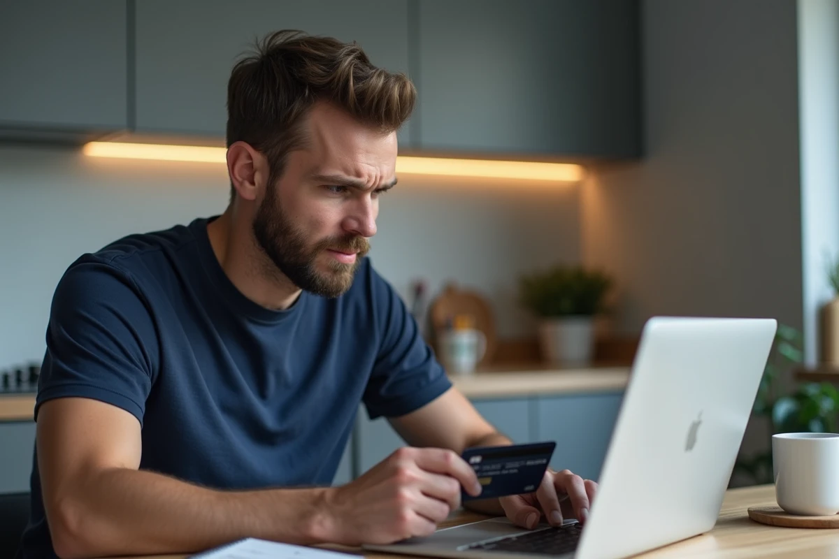 Homme vérifiant un problème de paiement Mangopay sur Vinted avec une carte bancaire et un ordinateur portable