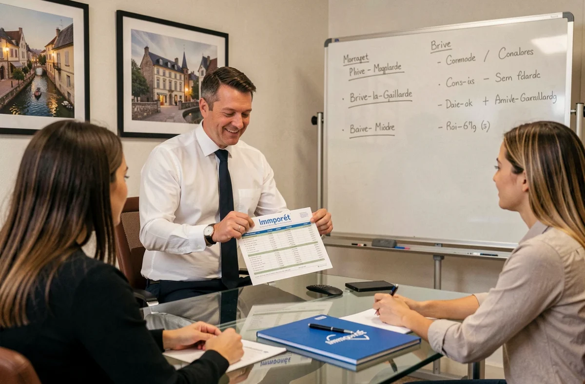 Conseiller Immoprêt à Brive-la-Gaillarde présentant un comparatif de prêts immobiliers à un couple dans un bureau professionnel
