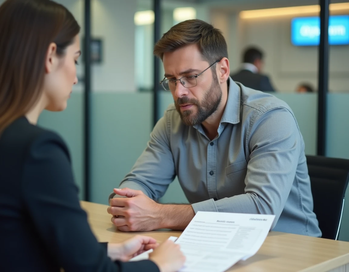 Travailleur indépendant en rendez-vous avec un conseiller bancaire professionnel pour ouvrir un compte