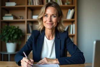 Indépendante analysant un contrat bancaire professionnel à son bureau avant de signer