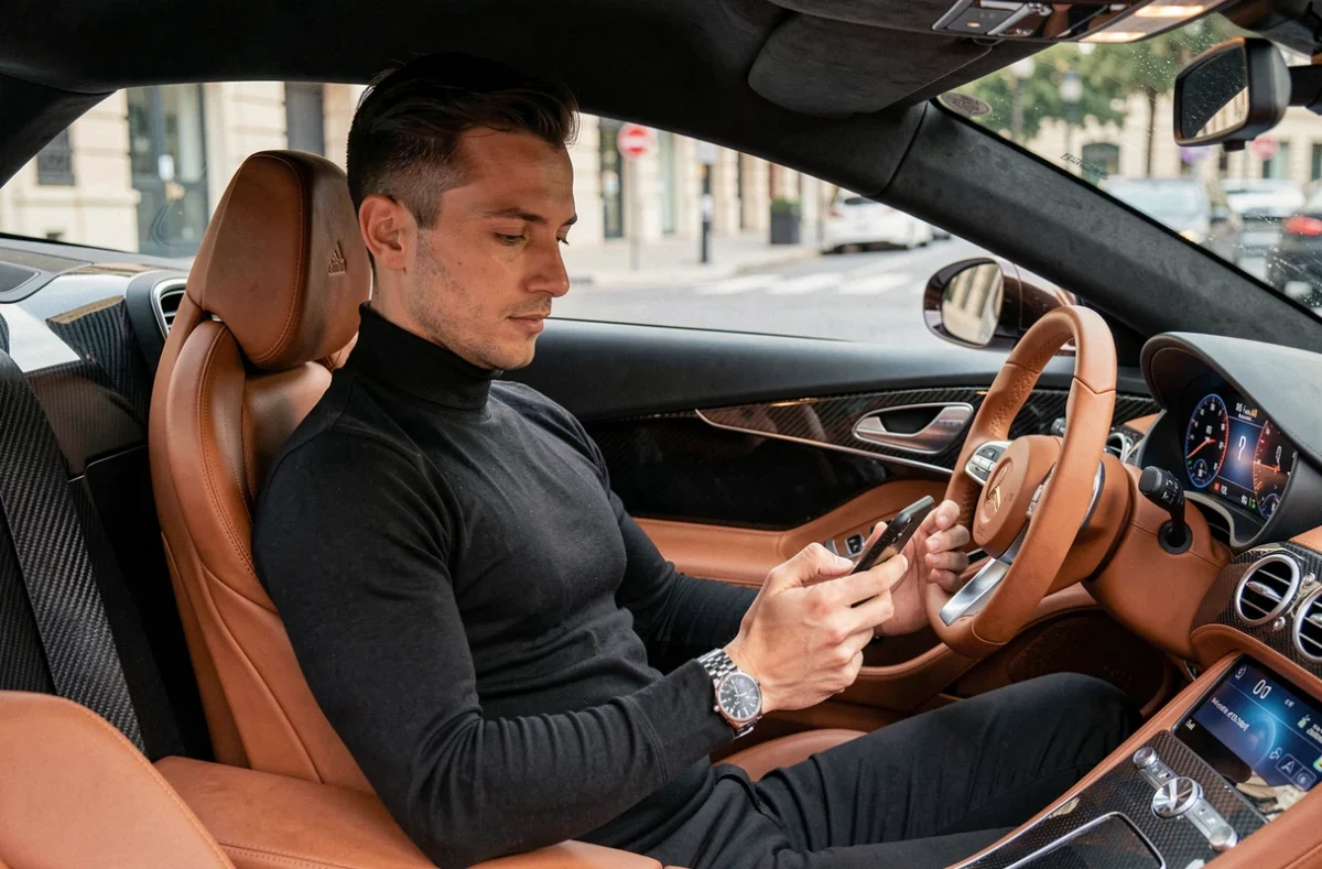 Influenceur à bord d'une voiture de luxe avec intérieur en cuir caramel et tableau de bord numérique à Monaco