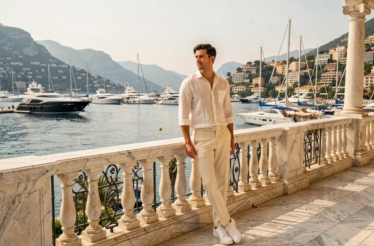 Jeune homme influenceur sur une terrasse de palais à Monaco avec vue sur le port et les yachts de luxe