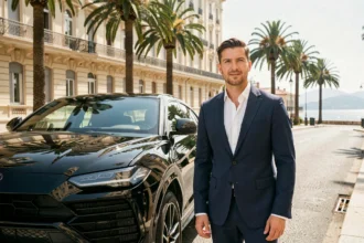 Influenceur en costume marine posant devant une Lamborghini noire dans les rues de Monte Carlo à Monaco
