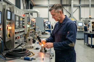 Ingénieur Europlasma inspectant un composant de torche plasma dans une usine industrielle moderne en 2026