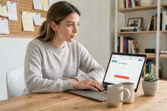 Jeune femme s'inscrivant sur la plateforme Blast Club depuis son ordinateur portable dans un bureau moderne