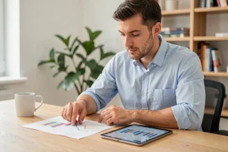 Homme débutant qui étudie des documents financiers sur une SCPI à son bureau à domicile