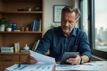 Investisseur particulier analysant des documents sur le dividende FDJ et des obligations financières en 2026 dans un bureau moderne