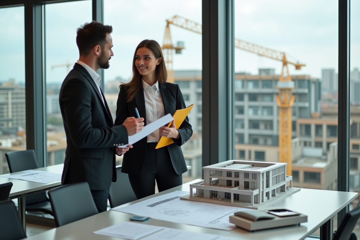 Jeune femme investisseuse discutant avec un architecte sur un plan