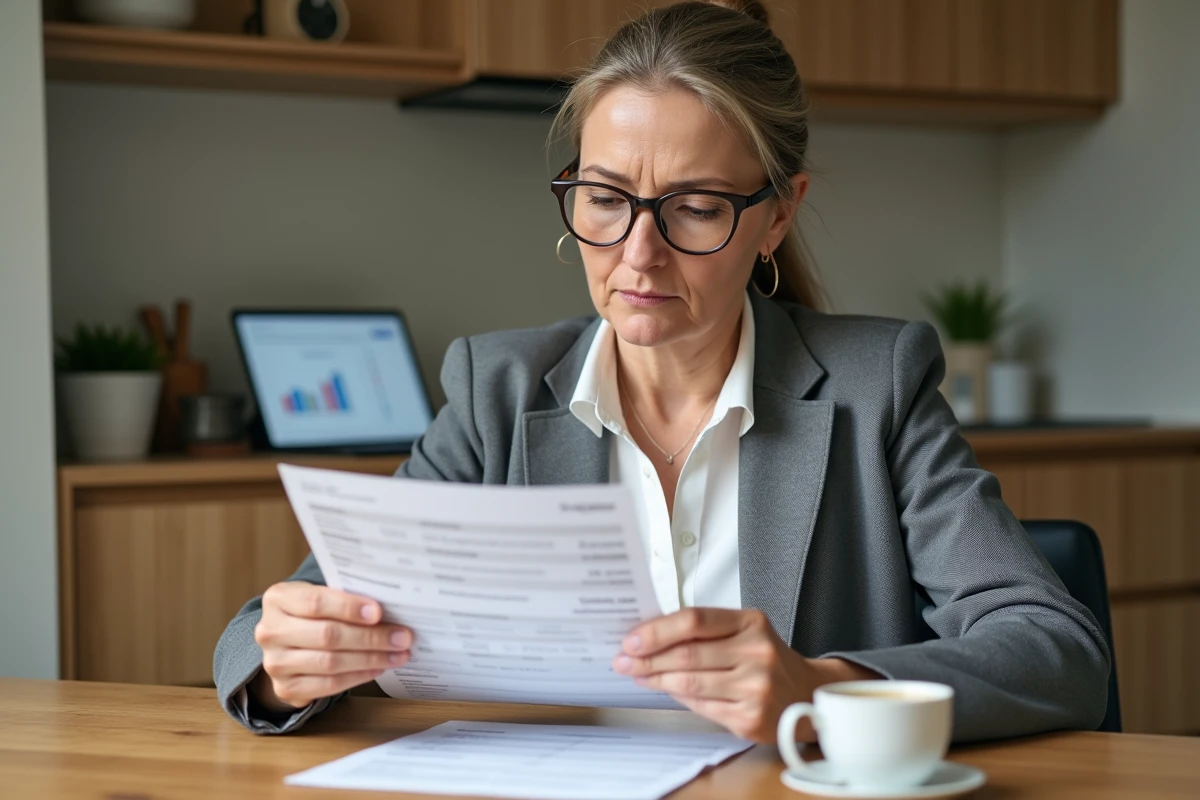 Investisseuse particulière consultant son relevé de dividendes TotalEnergies à domicile