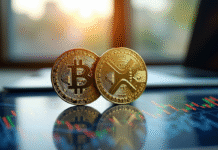 Pièce Bitcoin et XRP sur écran numérique lumineux