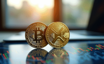 Pièce Bitcoin et XRP sur écran numérique lumineux