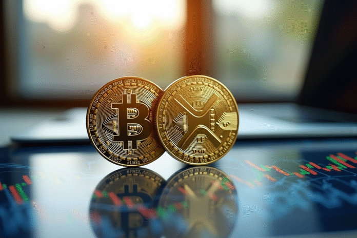 Pièce Bitcoin et XRP sur écran numérique lumineux