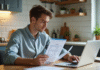 Jeune adulte examinant ses documents financiers et son ordinateur