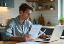 Jeune adulte examinant ses documents financiers et son ordinateur