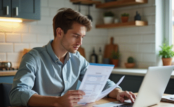 Jeune adulte examinant ses documents financiers et son ordinateur