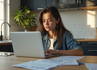 Jeune adulte regardant un ordinateur avec un score de crédit 640